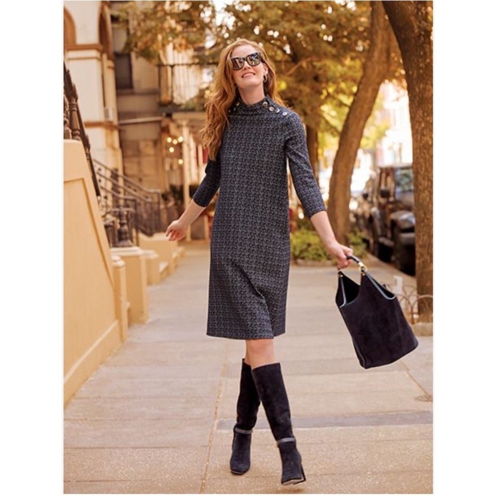 J. McLaughlin Black Mare Mini Raffia Jacquard Dress Size L Mock Neck Buttons